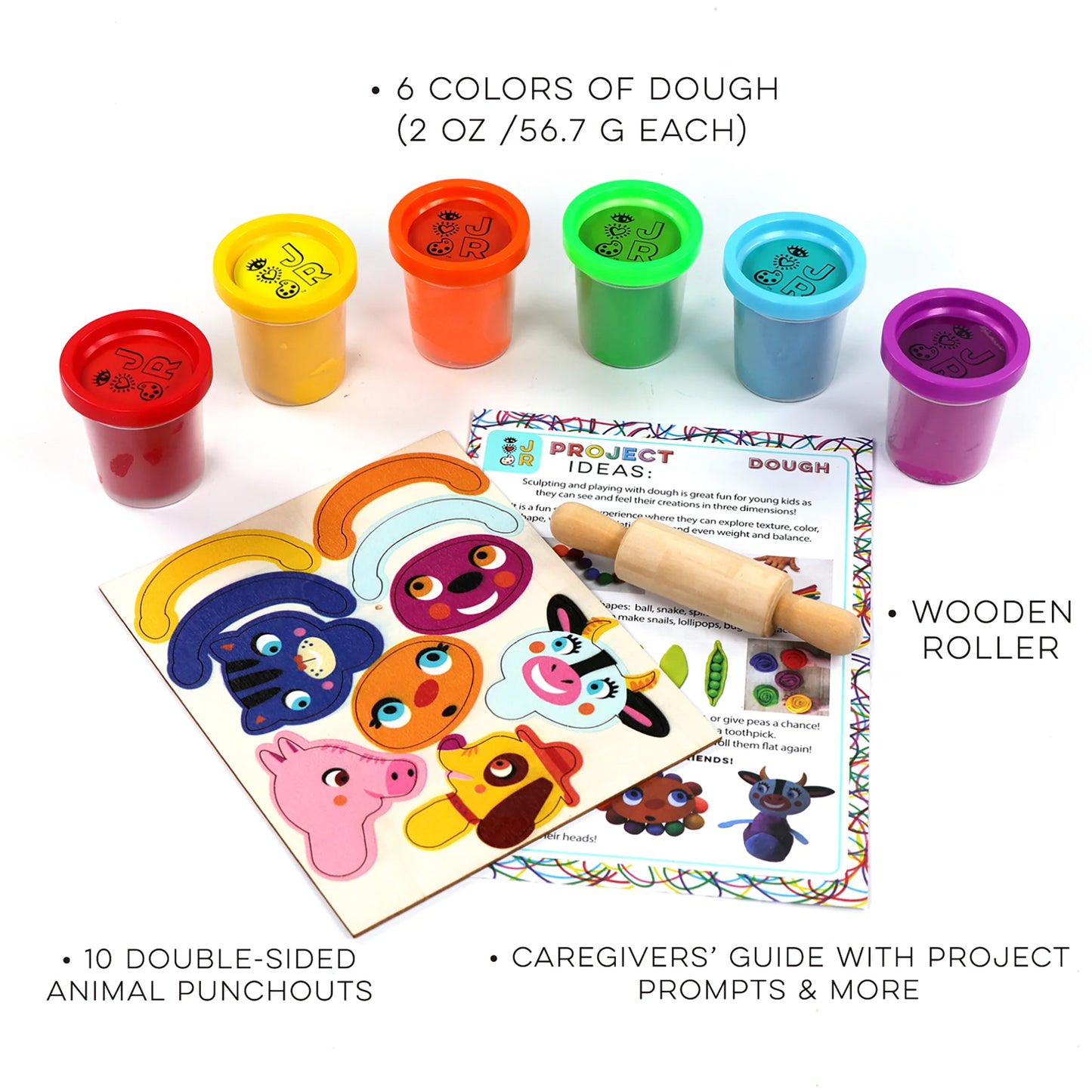 6 Doughs w/ Wooden Roller + Animal Punchouts
