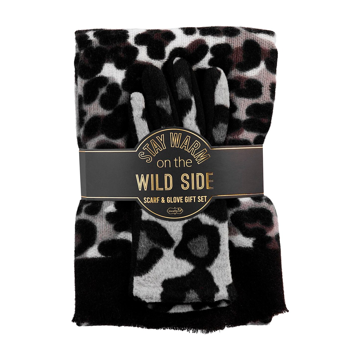 Leopard Scarf & Gloves Gift Set, Gray