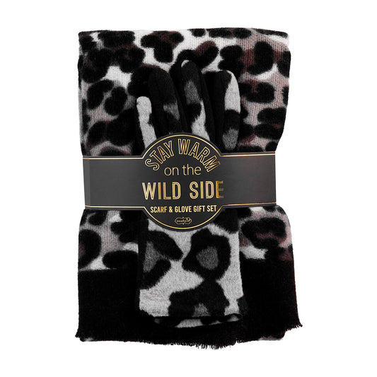 Leopard Scarf & Gloves Gift Set, Gray